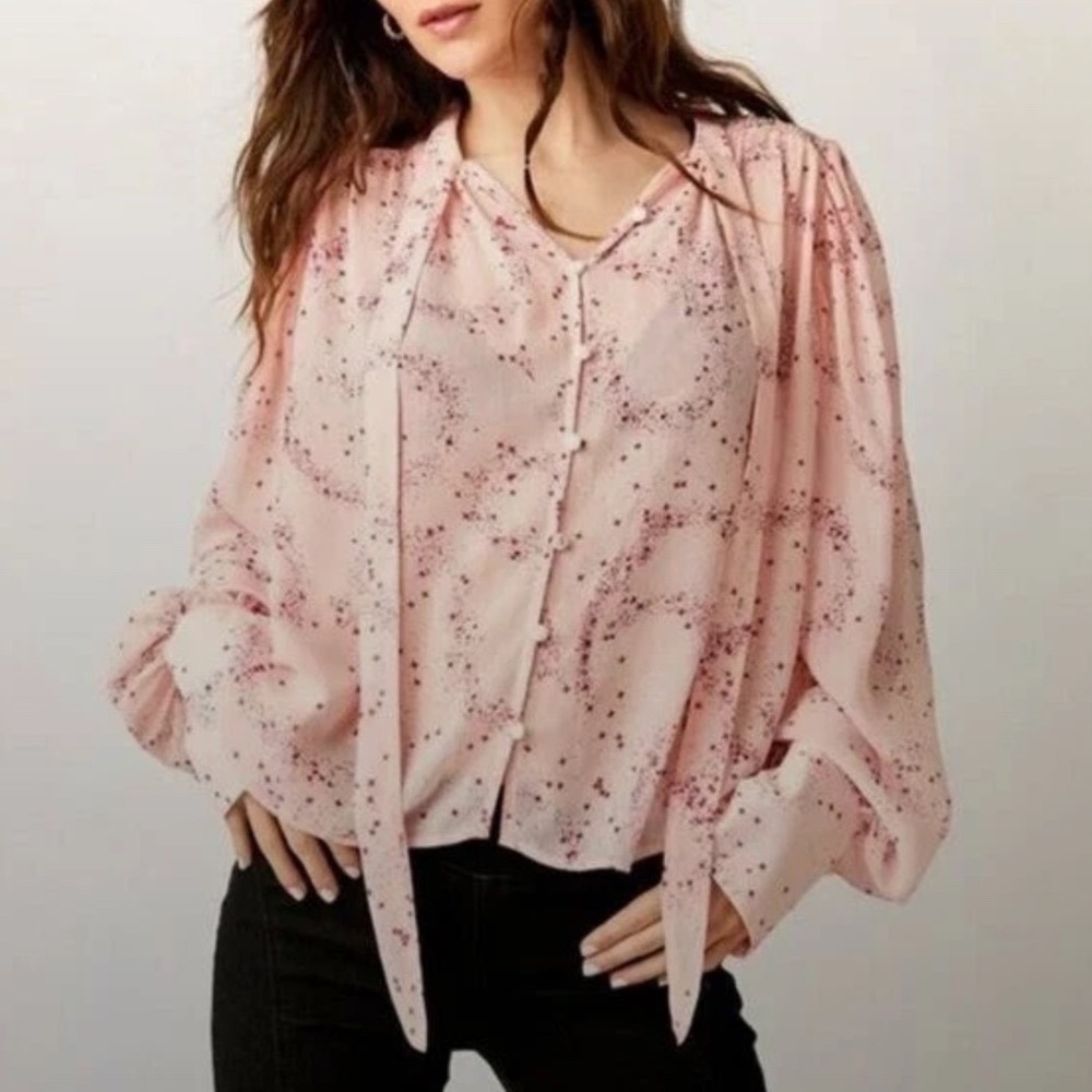Free‎ People Stars Align Smocked Tie Front Blouse Pink S